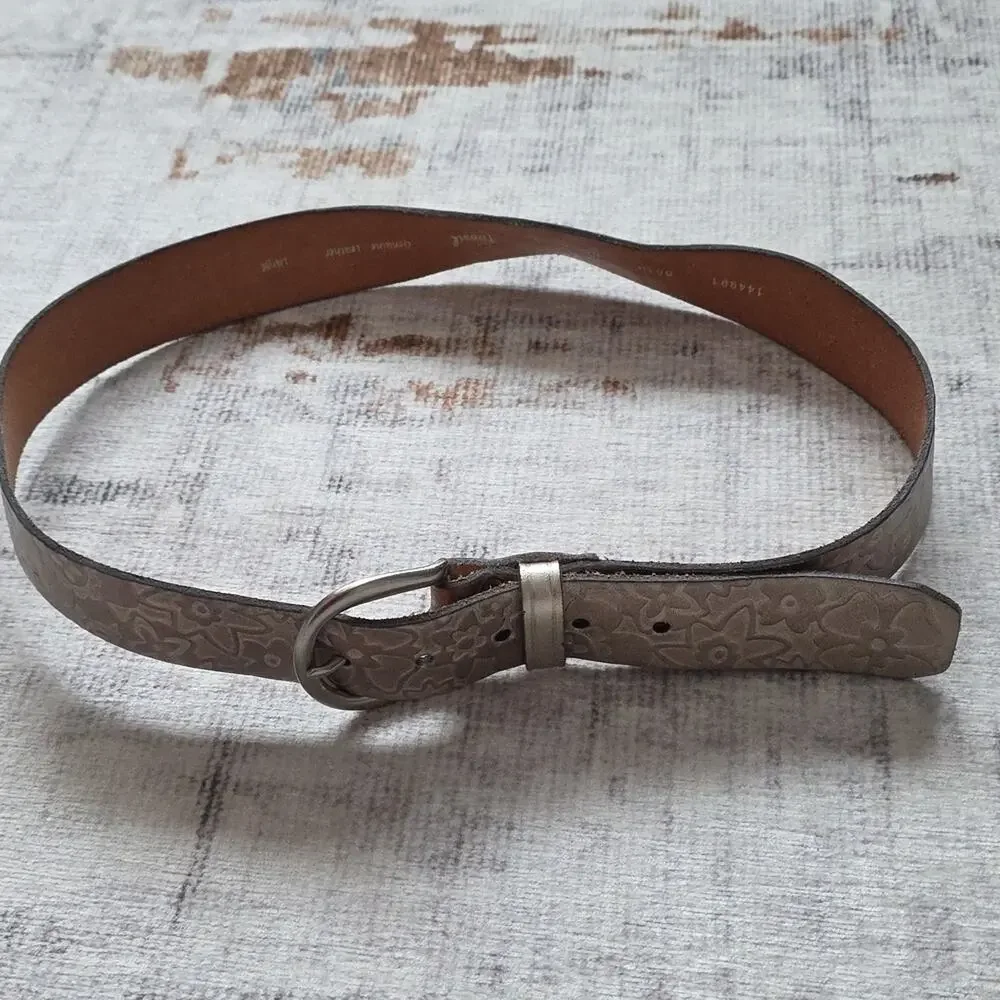 Vintage Fossil Silver Metallic Embossed Textured Genuine Leather Belt Womens L